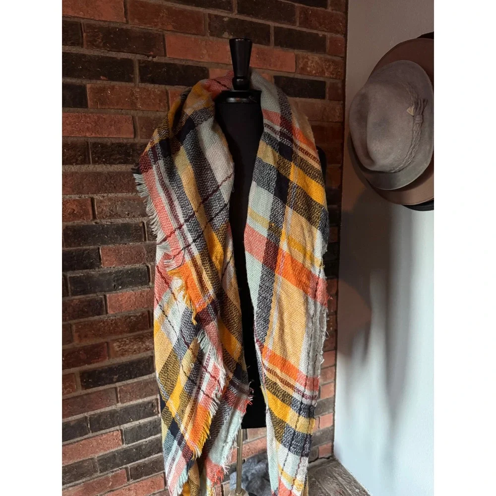 Chunky Plaid Blanket Scarf Oversized Fringed Wrap Mustard Orange Blue‎